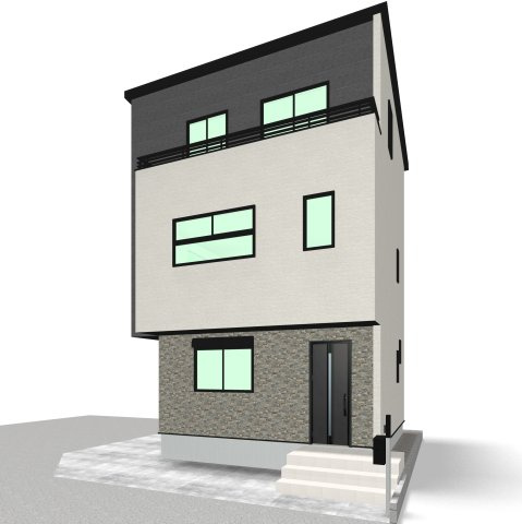 越谷市袋山　新築戸建ての外観パース|陽当たり・風通しの良い角地の物件です！