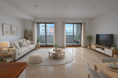 【居間・リビング】 | ペルル堺ウイングタワー | 南東向きで明るいリビング（バーチャルステージング）