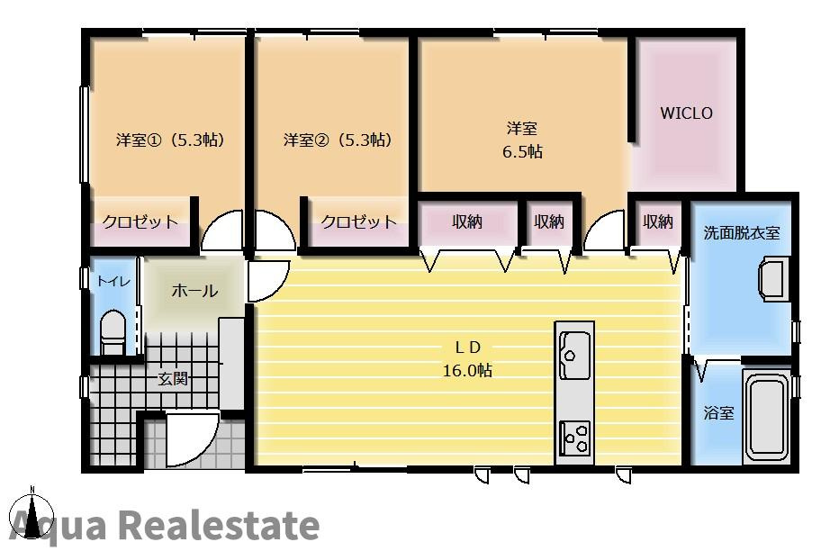 三豊市詫間町詫間　新築オール電化平屋住宅の間取り
