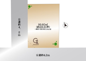【土地図】 | 敷地面積は約93.60平米。南側・西側の両面が道路に接しているため、陽当たりや通風を確保しやすい形状です。延山小学校へ徒歩約1分と近く、お子様の登下校も安心感のある環境が整っています。