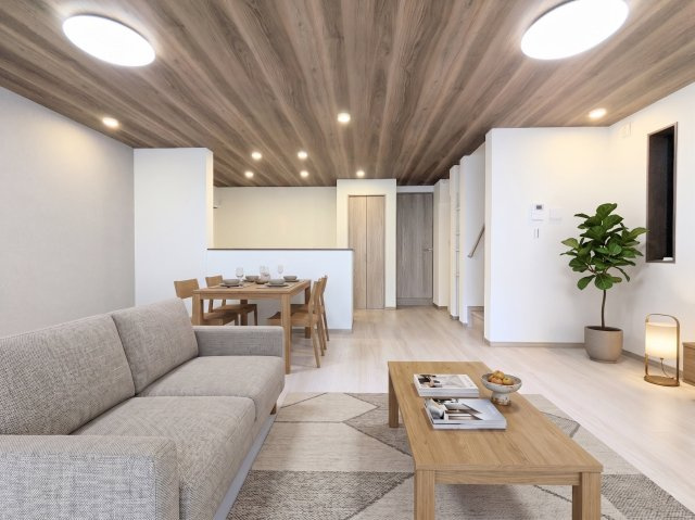 墨田区緑１丁目の新築戸建の居間・リビング|～横幅がゆったりとした開放感あふれるリビング写真～