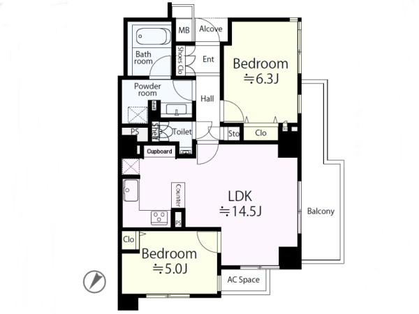 【間取り】 | グランスイート二子玉川スタイルフォート | 販売価格：１１，２９０万円　間取り：２ＬＤＫ　空室（ご見学可能ですのでお気軽にお問合せ下さい）