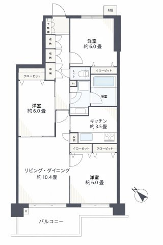 日神パレステージ河辺南の間取り|間取図です。収納も充実したゆったりとした３LDKです。延床面積73.78㎡（約22.31坪）、バルコニー面積10.21㎡です。広々としたバルコニーにスロップシンク有り。日当り良好です。浴室乾燥機あり。