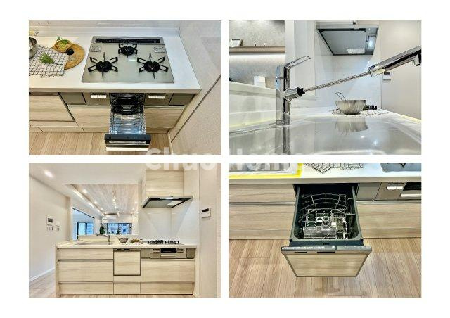 東京ビューマークスのキッチン|【システムキッチン】ワイドで収納豊富な使い勝手の良いカウンターキッチンには、食洗器や伸縮タイプのキッチン水栓、三ツ口コンロ・魚焼きグリルなどの便利な設備が標準完備されています。