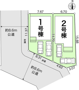 「南向き×広路」高知市鴨部2期2棟　1号棟新築戸建ての区画図|1号棟　建物価格3,198万円　土地面積99.73㎡　建物面積89.84㎡　3LDK