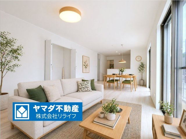 【商談中】ダイマルタウン　岐阜市岩崎第20　全4区画分譲の居間・リビング|※家具はCGによるイメージ　シンプルで温かみのあるナチュラルテイストのリビングダイニング。広々設計でゆとりのある空間です。