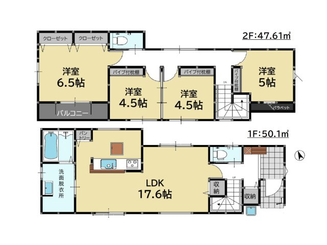 那珂川市王塚台1丁目第2-2棟（2号棟）の間取り|全居室収納付きで便利です。