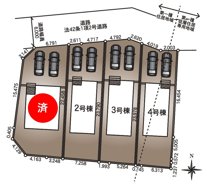 【Cradle Garden】　栃木市大平町西野田　第４　全4邸の区画図|全棟配置図