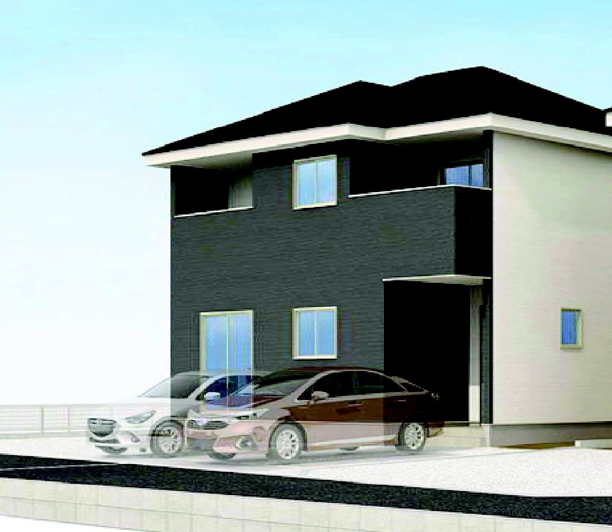 アーバンスタイル前橋下新田町1期　1号棟の外観パース|下新田町に新築住宅を建築中です。3棟現場です！
アーバンスタイルは「頑丈な構造と可変性のある間取り」を備えています。
お客様のご都合に合わせて同仕様の物件をご見学頂けます♪