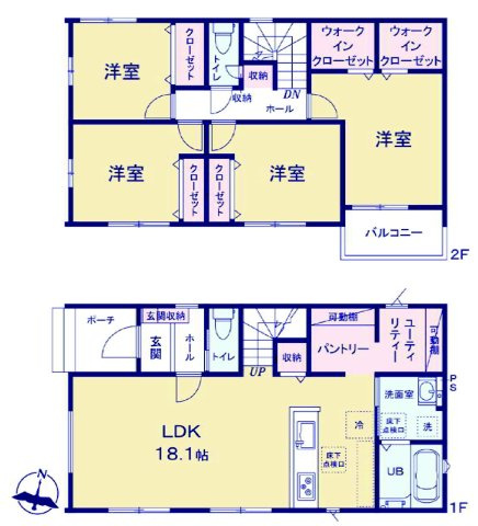 アーバンスタイル北群馬郡吉岡町1期　1号棟の間取り|収納充実♪南東向きの4LDKで陽当たり良好な間取りです！
土地面積183.85㎡、建物面積104.75㎡で十分な広さです！