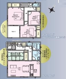 古河市五部第1　新築一戸建て　01　クレイドルガーデンの間取り|広々ワイドバルコニー付きでお子様とプチアウトドア気分を楽しめます♪