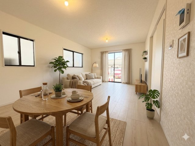 三郷市戸ケ崎5丁目　新築戸建　全1棟の居間・リビング|現況の物件写真にCGによる画像処理を行っています。家具、家電、小物、カーテン等はイメージはCGです。