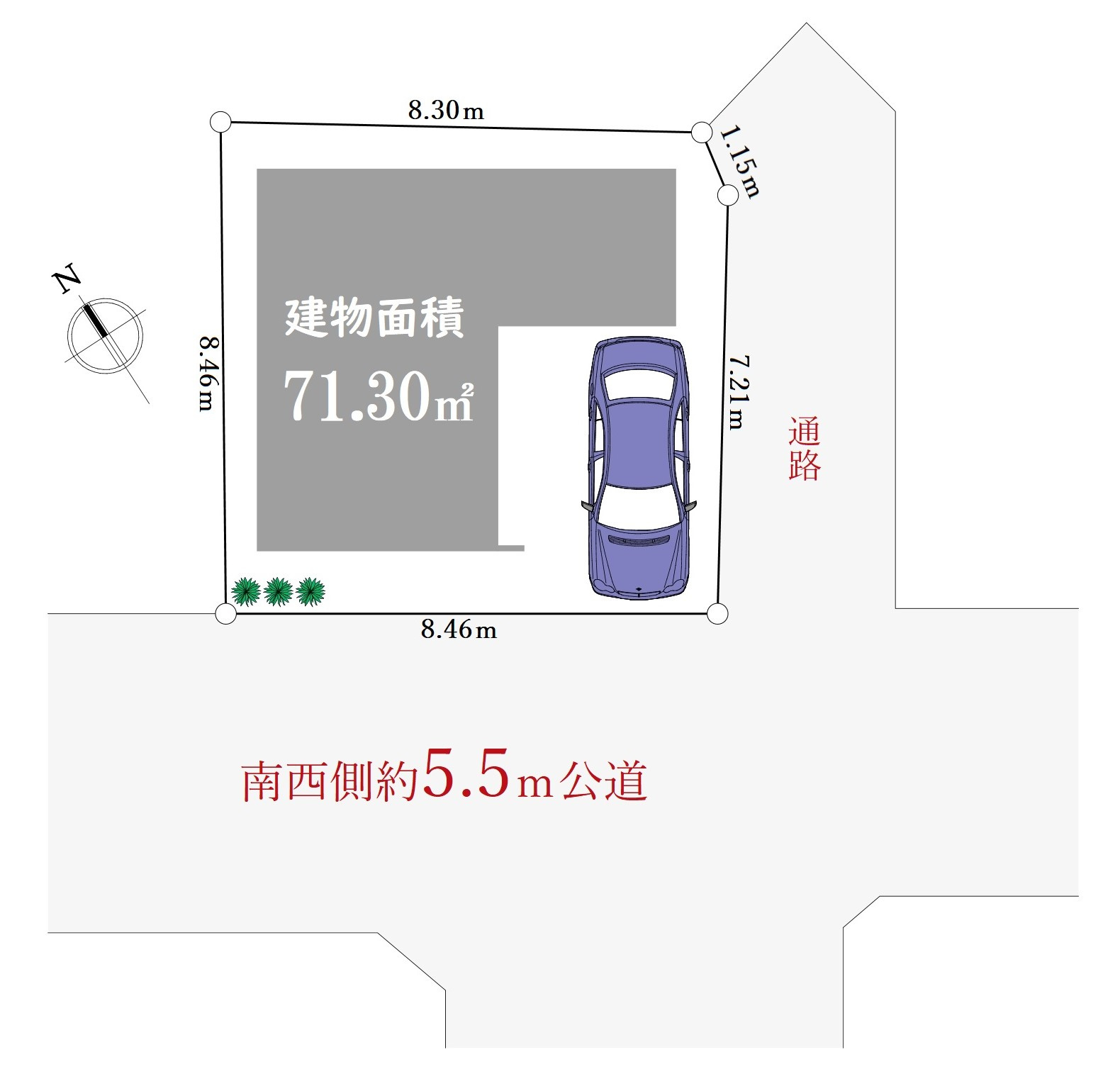 練馬区西大泉1丁目 限定1棟の区画図|土地面積71.77㎡、建物面積71.28㎡ 、整形地
開放感溢れる角地感覚の立地