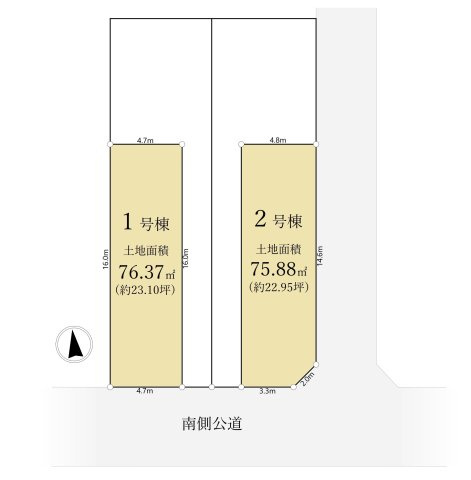 板橋区東新町 全4区画 1号地の区画図|南側約6.5ｍ公道×東側約4ｍ道路に面する全4区画
　光と風を享受する快適な立地
　～今回2区画分譲～