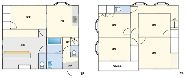 【間取り】 | 店舗・住宅の独立玄関仕様　5DKの間取り～千葉県野田市次木～ | 1階に店舗と洋室、2階に洋室4部屋を配置した5DK