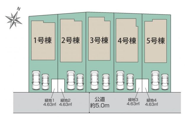 【区画図】 | 東久留米市小山５丁目　新築戸建て　１号棟 | 駐車スペース並列2台分あり、ゆとりある全5棟