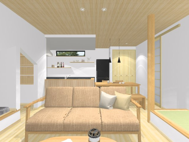 倉敷市堀南の完成予想図|無垢フロアのLDK（イメージパース）