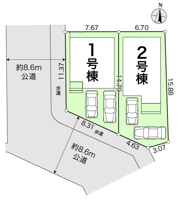 鴨部２丁目　新築戸建　2号棟（全2区画）の区画図|2号棟　土地面積　110.78㎡　（約33.51坪）