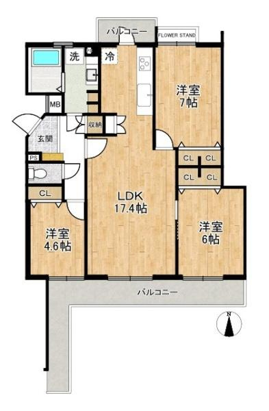 ローレルコート萩の台 ８号棟の間取り|■令和８年３月リフォーム済・広々したリビング１７．４帖・３ＬＤＫの間取り！大容量の収納など、ご家族のお住まいにピッタリです！