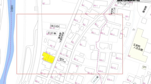 【成約済】人吉市鶴田町　中古戸建　古民家の地図|土地2筆。