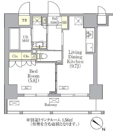 ORSUS(オルサス)三ノ輪の間取り|インターネット無料、リビングと洋室にエアコンと照明付、トランクルーム付