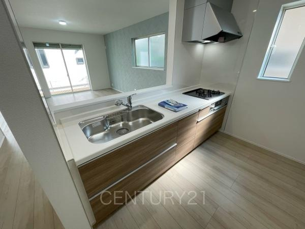 前橋市青柳町A号棟のキッチン|シンクも大きく洗い物もしやすい浄水器付。シャワーヘッドは引き出し可能、シンクの隅々まで洗い流せます。