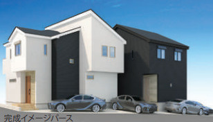 旭区白根６丁目の外観パース|外観パースになります。黒とグレーのコンストラストが素敵ですね。広さが魅力のおうちです。