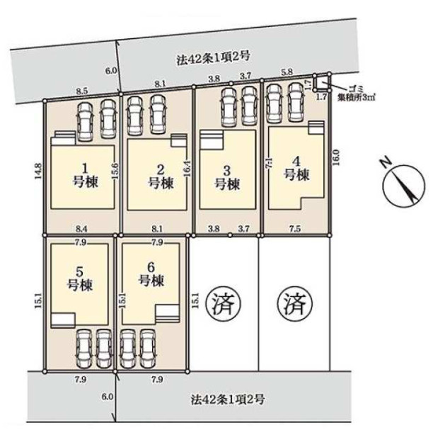 さいたま市岩槻区南辻第3　全8棟の区画図|南西側6m道路に面し、陽当り・開放感ともに良好な6号棟。並列2台駐車が可能なため、朝の出し入れもスムーズです。前面道路が広く、運転が苦手な方でも安心して駐車できる、ゆとりある敷地レイアウトです。