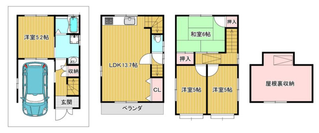 【間取り】 | 東大阪市稲田本町2丁目 | 【4LDK＋車庫】室内全面リフォーム済み☆バス追炊機能・TVモニターホン完備☆屋根裏収納付きです♪