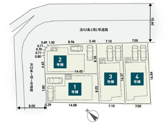 【区画図】 | 秦野市堀山下  1号棟 第2 | 1号棟　北西側約8.0ｍ（歩道含む）公道　駐車2台（車種によります）　敷地面積34.5坪