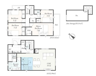 【間取り】 | 秦野市堀山下  2号棟 第2 | 4LDK+屋根裏収納　都市ガス　網戸標準仕様　シャッター6箇所付　宅配BOX付機能門柱　食洗器・浄水器　カップボード　浴室乾燥機　全居室収納（WIC1箇所）　パントリー　SC　LDK18.5帖