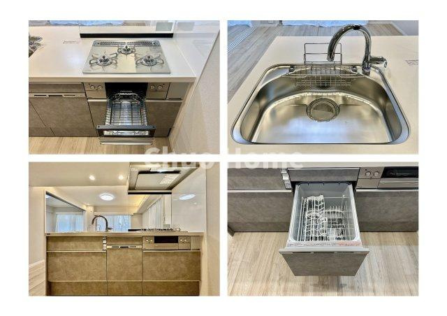 メゾンエクレーレ南千住のキッチン|【システムキッチン】ワイドで収納豊富な使い勝手の良いカウンターキッチンには、食洗器・伸縮タイプのキッチン水栓、三ツ口コンロ・魚焼きグリルなどの便利な設備が標準完備されています。