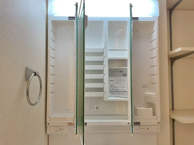 ひたちなか市田彦10期　新築戸建の独立洗面台|三面鏡の洗面化粧台はミラー扉の内側がすべて収納スペースになっており、収納力も魅力的です♪
ボックスティッシュも収納可能で、可変トレイは収納物に応じて高さ調整ができます！
取り外して洗えるので清潔です♪