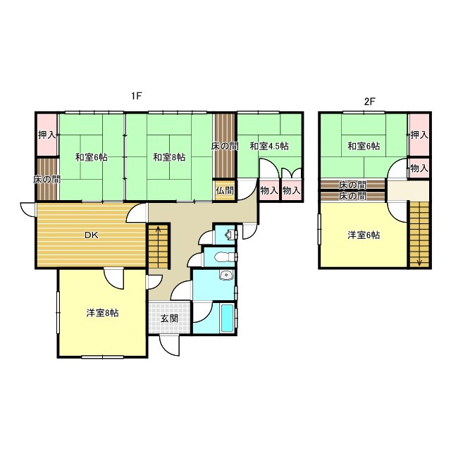 西条市洲之内甲354-4　中古戸建の間取り|部屋数が豊富な6DKの間取りは、ご家族それぞれの個室を確保しつつ、趣味部屋や客間も作れるゆとりが特徴です。木造2階建の構造を活かした配置で、生活動線が重なりにくくプライベートな時間も大切にできます