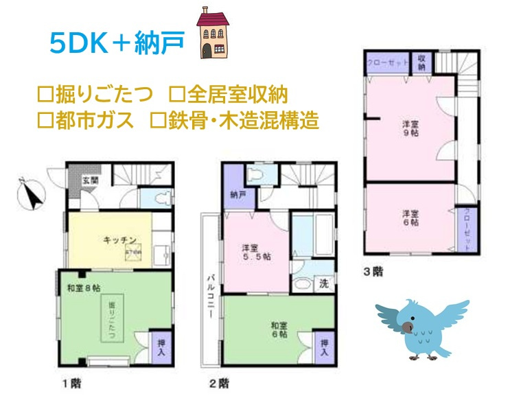 【現地画像あり】座間市ひばりが丘1丁目　中古戸建　66.05㎡の間取り|鉄骨・木造混構造◎生活のメリハリがつけやすい３階建て住戸。　
スーパーやコンビニが徒歩圏に揃った暮らしやすい周辺環境♪