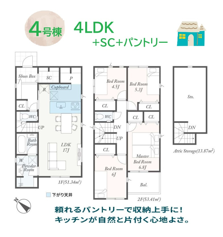 秦野市第２堀山下　全4棟　4号棟の間取り|【4号棟】各所に「収納」配置されお片付け楽々な4LDK♪
まとめ買いした商品もたくさん保管できる大容量の「パントリー」を設計！
