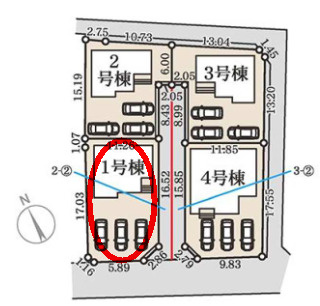 リーブルガーデンＳ高崎金古町第５　1号棟の区画図|駐車場3台ご用意しています！出し入れ楽々並列駐車です。来客時も重宝します♪