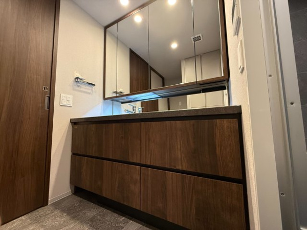 【独立洗面台】 | 【独立洗面台】木の温もりと洗礼されたでサイン！三面鏡の裏には収納も！