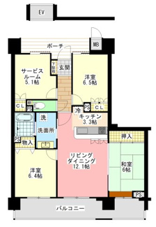 【間取り】 | サーパス若松町 ２階 中古マンション | 全室収納スペースを確保し、暮らしやすさに配慮。陽当たりも考えた間取りとなっております。