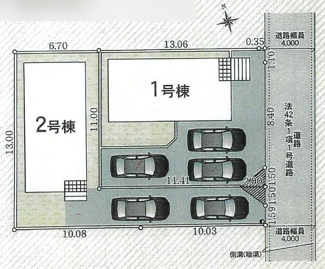 【区画図】 | 秦野市堀西  1号棟 第24 | 1号棟　東側約4.0ｍ公道　駐車並列2台+1台（車種によります）　敷地面積44.6坪　※協定地有