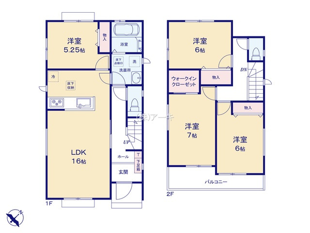 大府市米田町4丁目55『仲介手数料無料』新築戸建ての間取り|　A号棟　1F:LDK16帖！洋室5.25帖　物入設置♪2F:主寝室7帖　WIC設置！洋室6帖・洋室6帖　物入設置♪南面ワイドバルコニー♪