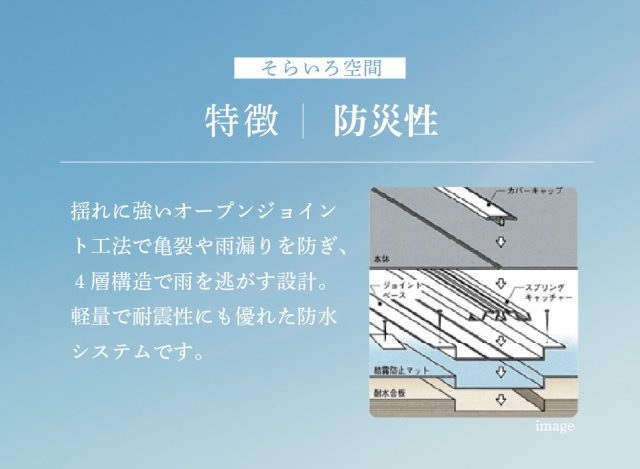 【その他】 | トラストステージ　和光市下新倉3丁目16期　限定1棟（朝霞店） | 【地震・台風に強い防災性】
雨水を侵入させないつなぎ目の仕組み「オープンジョイント工法」を用い、揺れることで力を分散させ耐震性を発揮する木造住宅にマッチした施工。