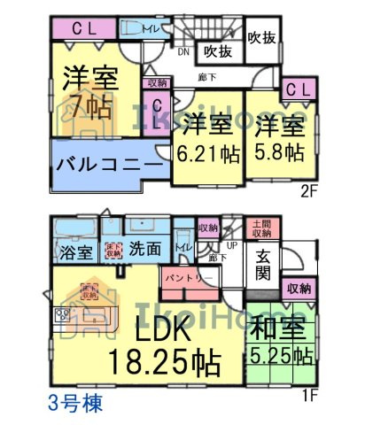 明石市魚住町中尾全3棟　3号棟　　新築戸建　の間取り|【ホームページに現地動画掲載中】●年中無休：当日予約可●LDK18.25帖の横に和室5.25帖あり！