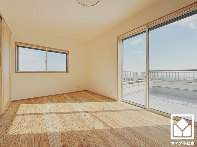 西宮市甲陽園目神山町の子供部屋|バルコニーにつながる開放感のあるお部屋で、通風・陽当たり良好です。全居室2面採光。明るい陽光がたっぷり差し込む心地よい生活空間です。