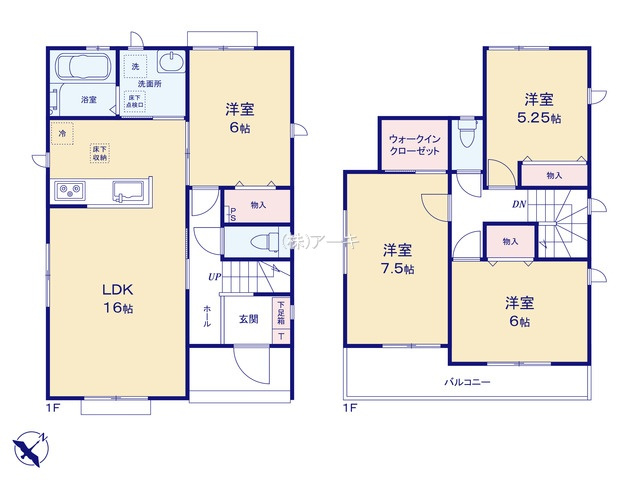 大府市米田町4丁目55『仲介手数料無料』新築戸建ての間取り|　B号棟　1F:LDK16帖！洋室6帖　物入設置♪2F:主寝室7.5帖　WIC設置！洋室6帖・洋室5.25帖　物入設置♪南面ワイドバルコニー♪
