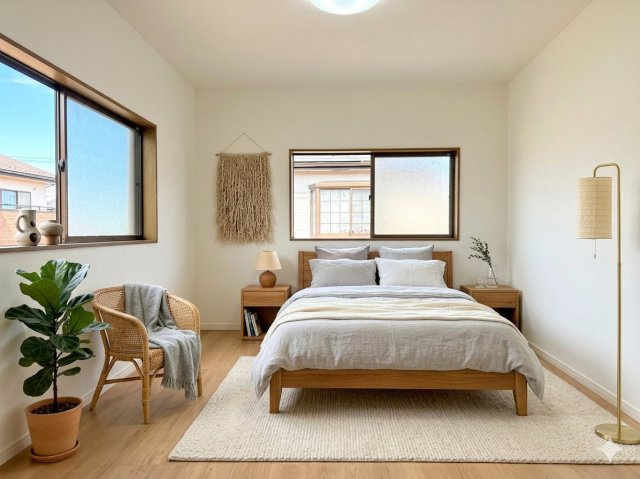 栄区柏陽　中古戸建ての洋室|モデルルーム写真◆柔らかい陽光が差し込む明るいお部屋を演出する設計。彩光の取れる窓が気持ちの良いお部屋を創り上げます。(家具はイメージです)