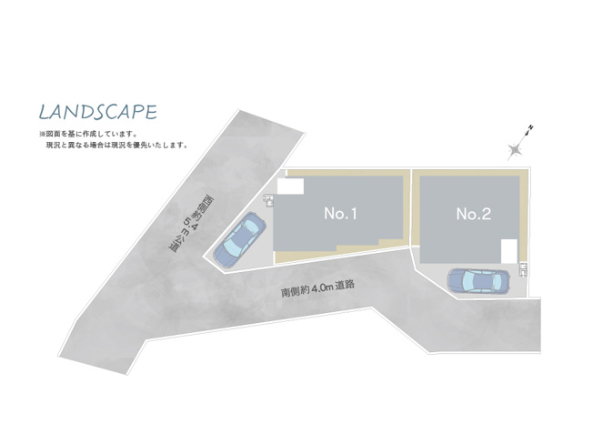 【区画図】 | トラストステージ×カラーズ【そらいろ空間】朝霞市田島2丁目4期　全2棟 | 【区画図】
開放感あふれる角地を含む全2棟の分譲地。
穏やかで落ち着いた住みやすい住環境です。
※図面を基に作成しています。現況と異なる場合は現況を優先いたします。