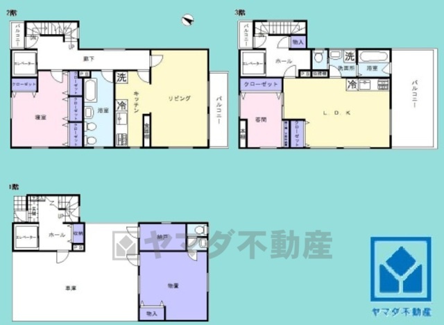 西宮市甲子園六石町の間取り|2SLDK、土地面積187.38平米、建物面積225.86平米、柱や梁が頑丈な重量鉄骨造3階建の注文住宅。