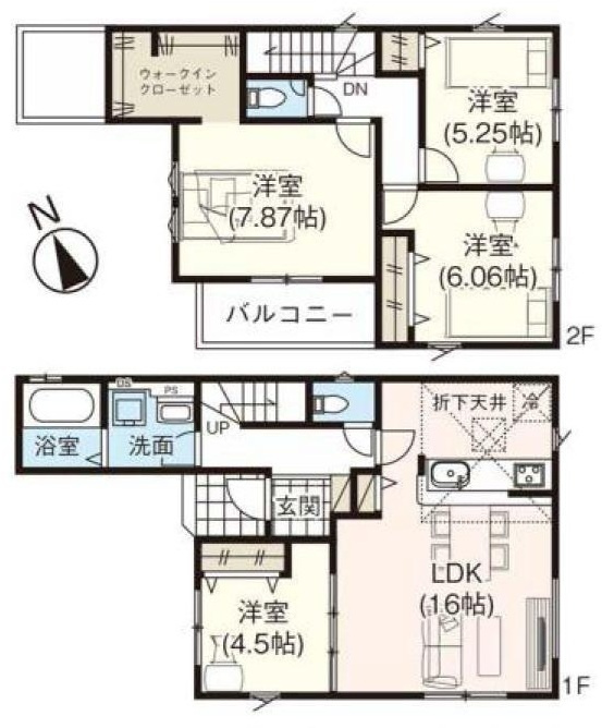 三郷市早稲田8丁目　新築戸建　全7棟　5号棟の間取り|リビング横にプラス1部屋を兼ね備えた4LDKの邸宅です