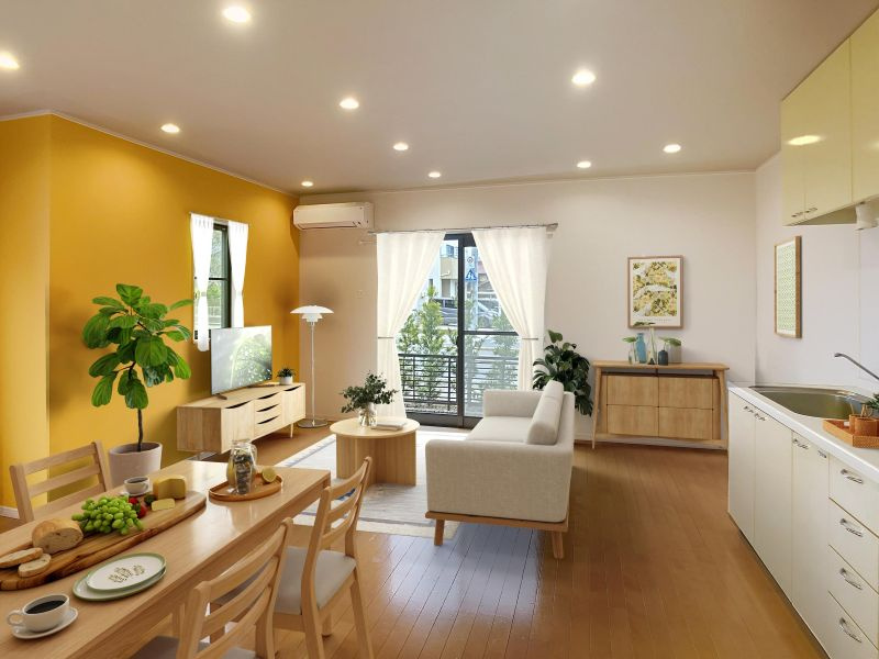 K・S HOUSEの居間・リビング|●ステージングによるイメージです。家具はCGで配置していますので、実際は家具付きではありません。